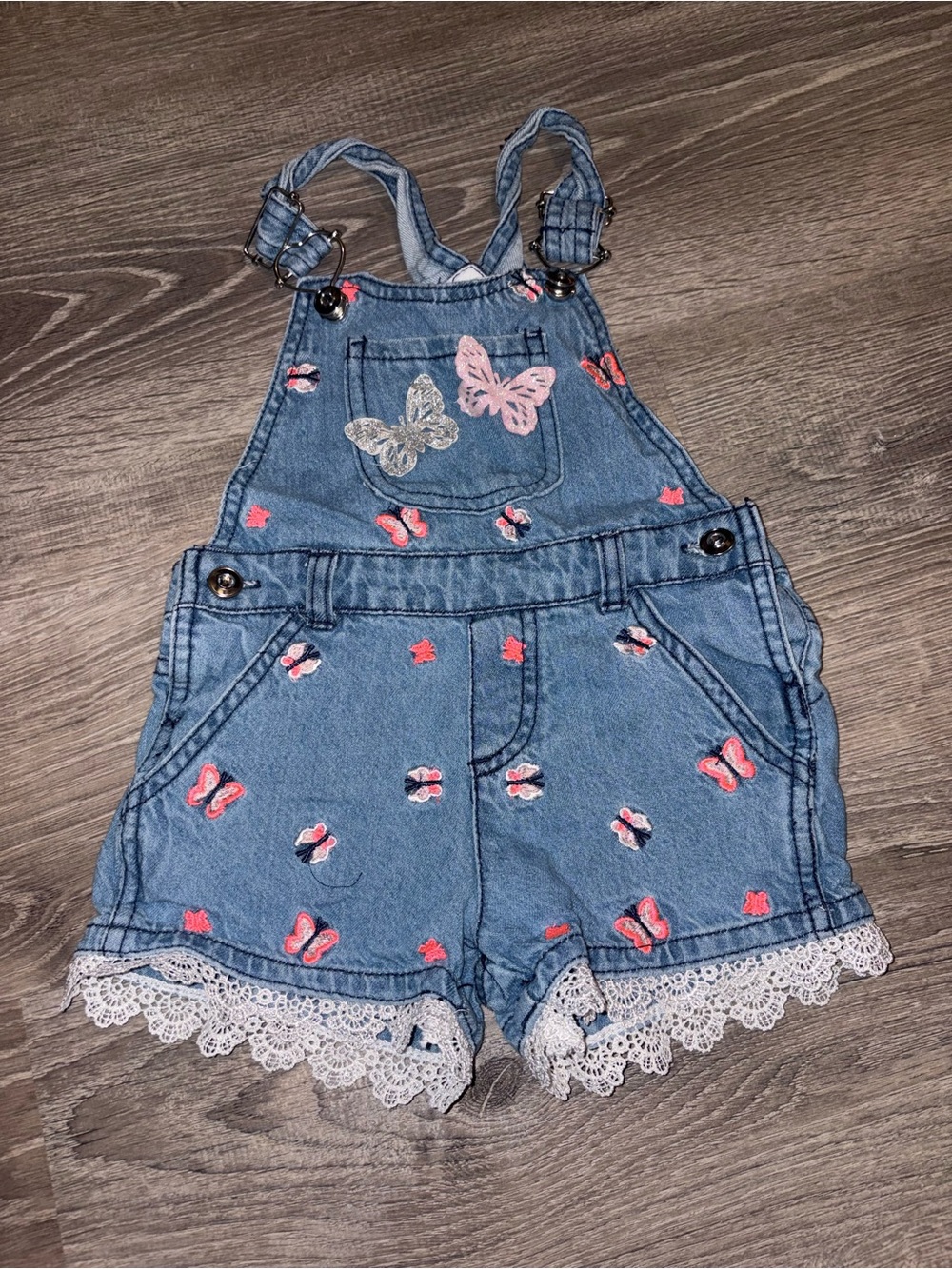 Denim Butterfly Embroidered Girls' Short Overalls - Pink/Blue